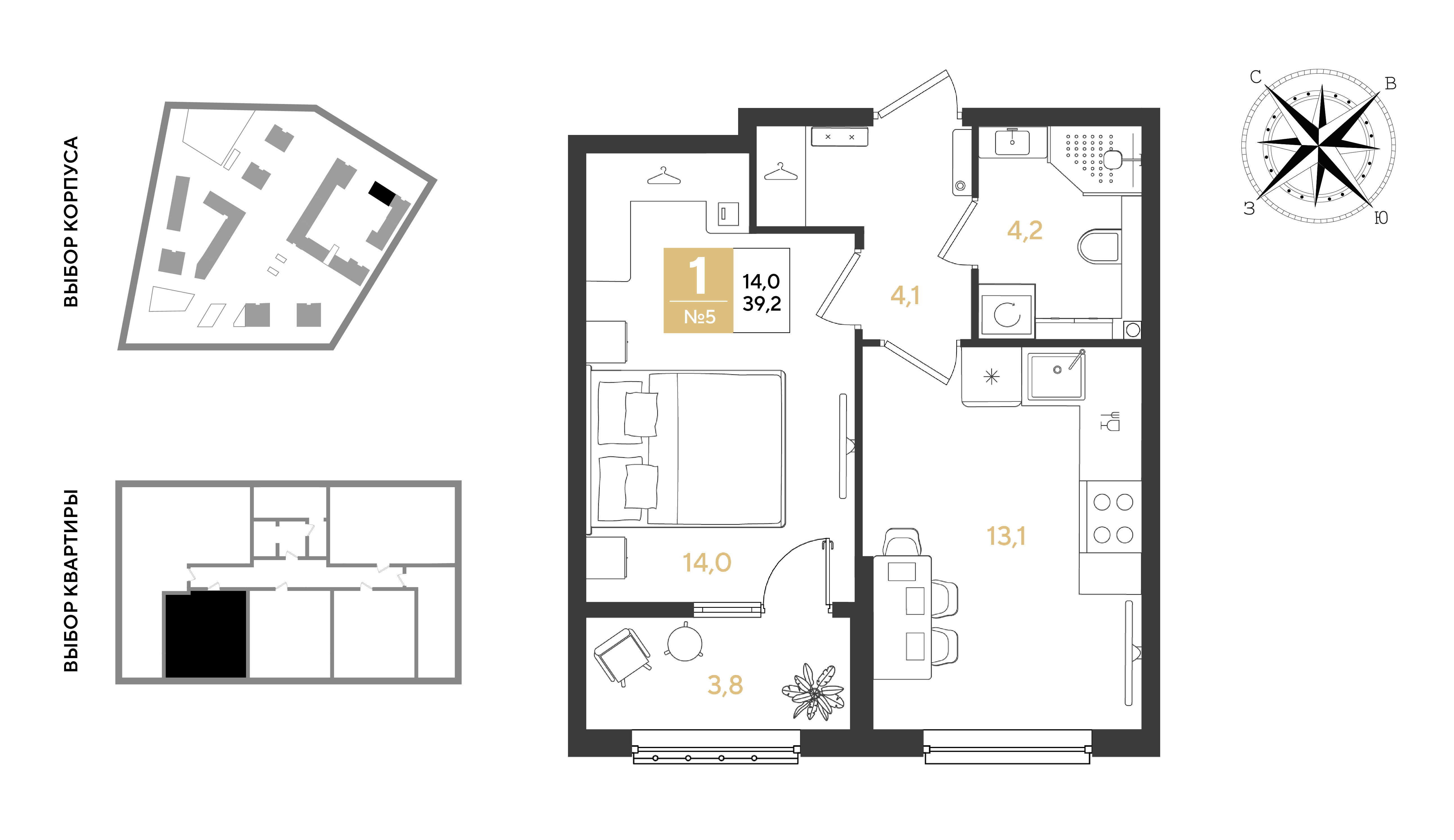 1-комнатная квартира, 39.2 м² — планировка застройщика