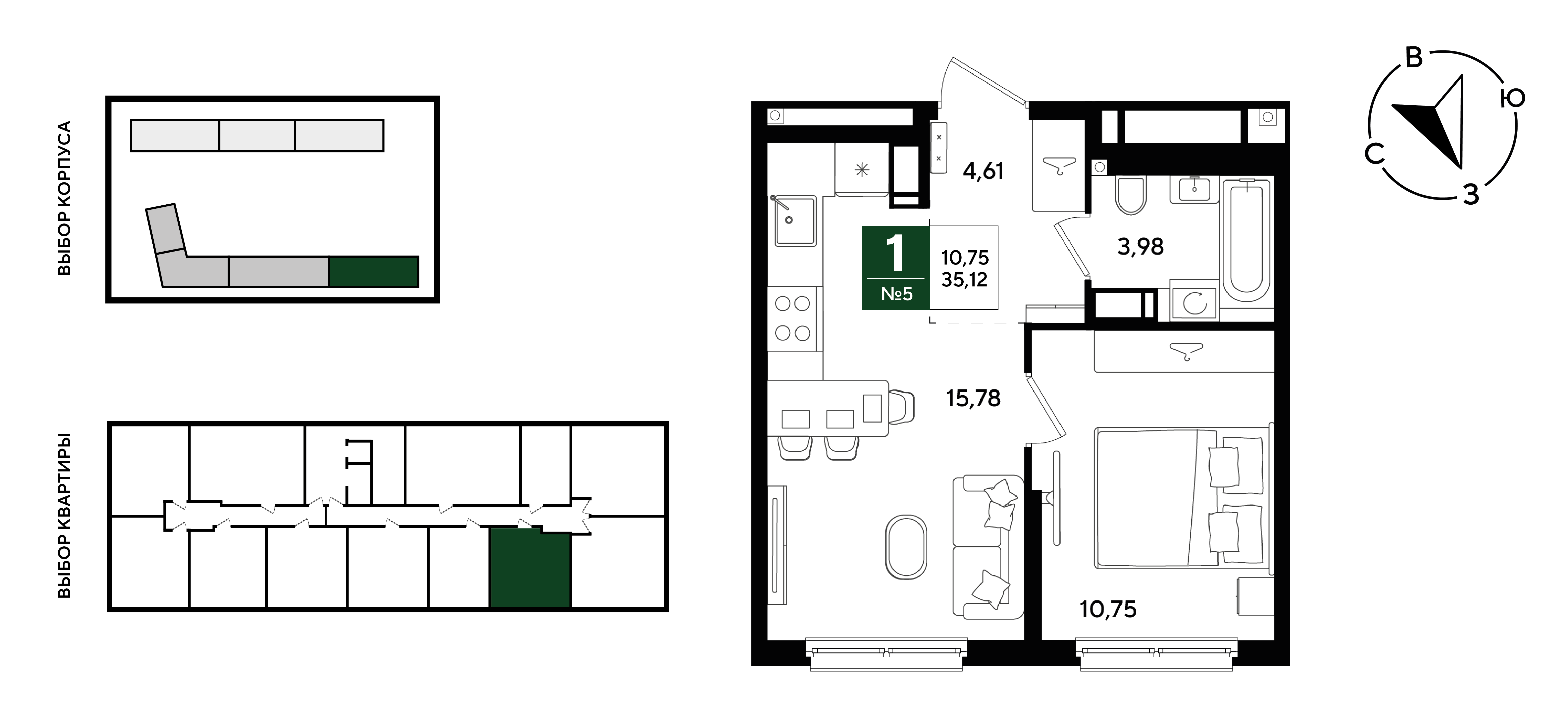1-комнатная квартира, 35.12 м² — планировка застройщика
