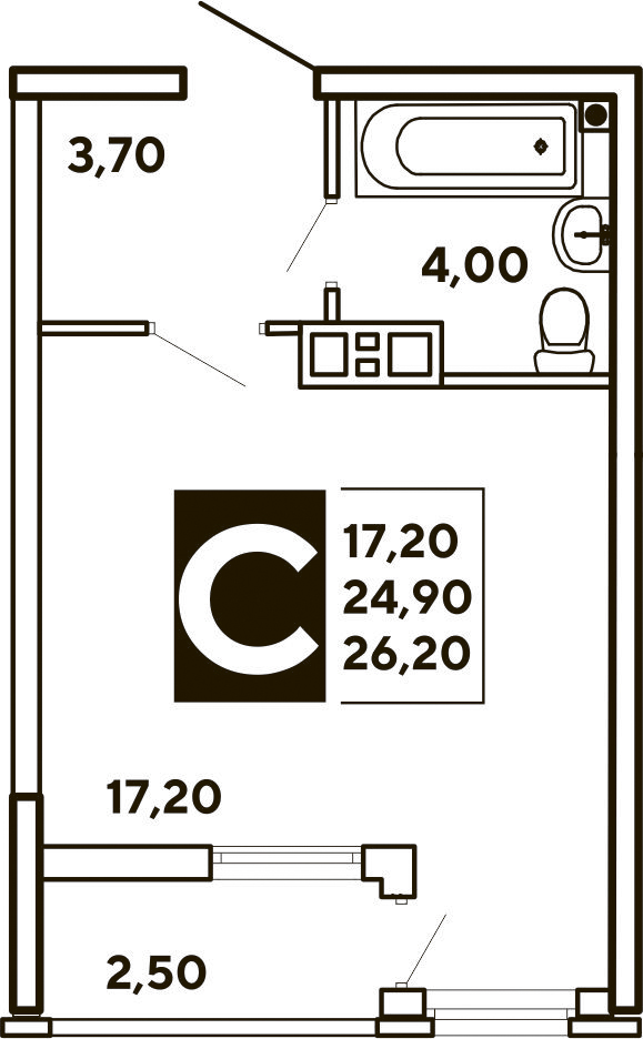 Студия квартира, 26.2 м² — планировка застройщика
