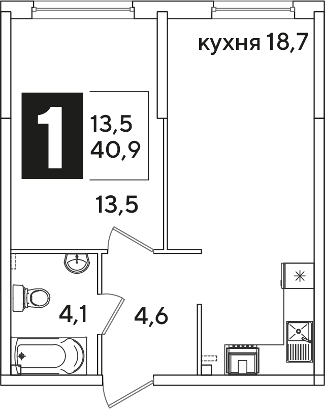 1-комнатная квартира, 40.9 м² — планировка застройщика