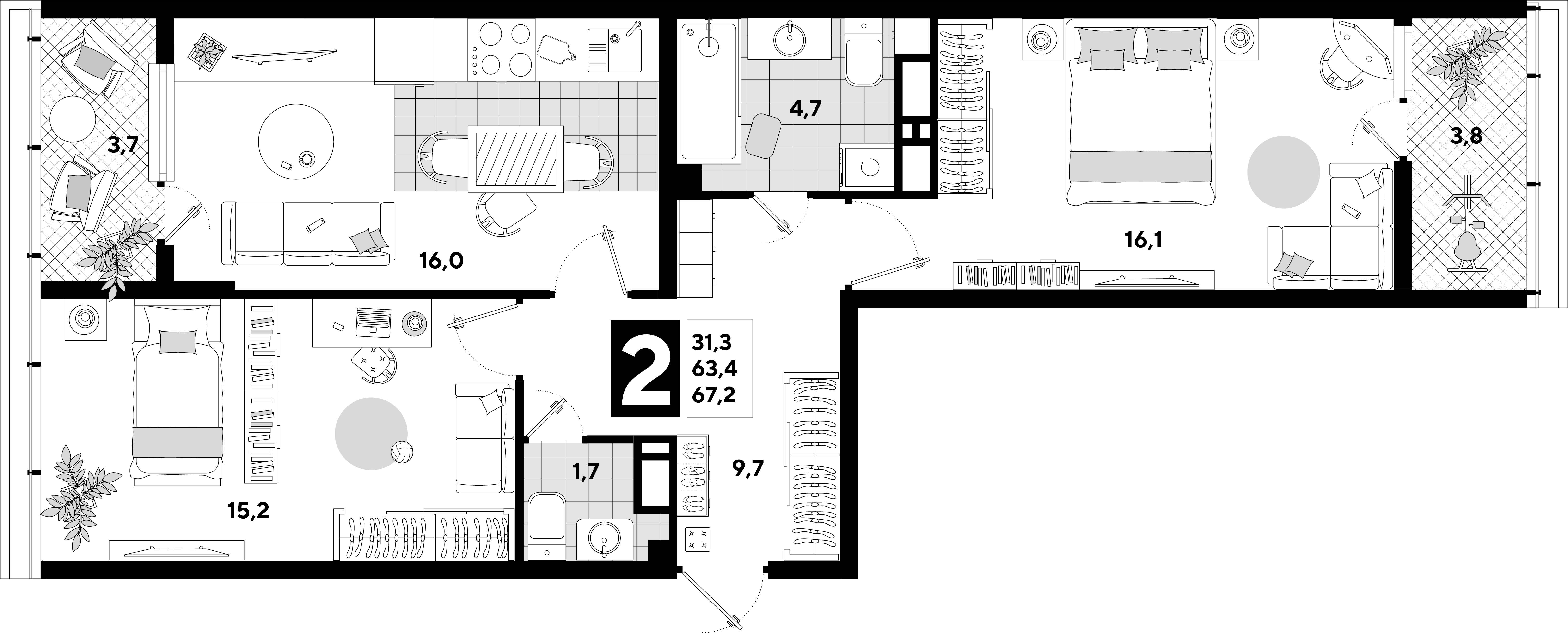 2-комнатная квартира, 67.2 м² — планировка застройщика
