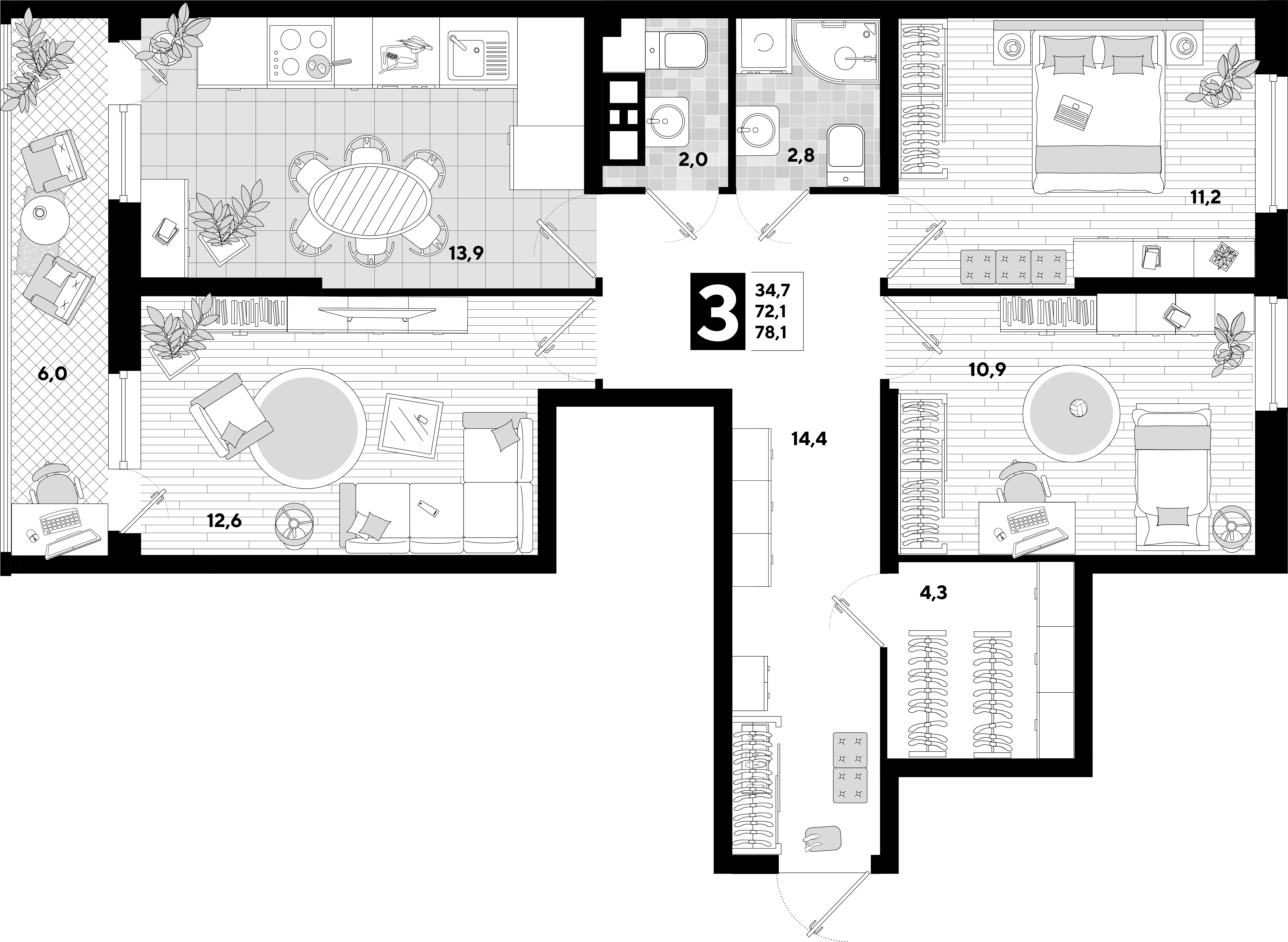 3-комнатная квартира, 78.1 м² — планировка застройщика