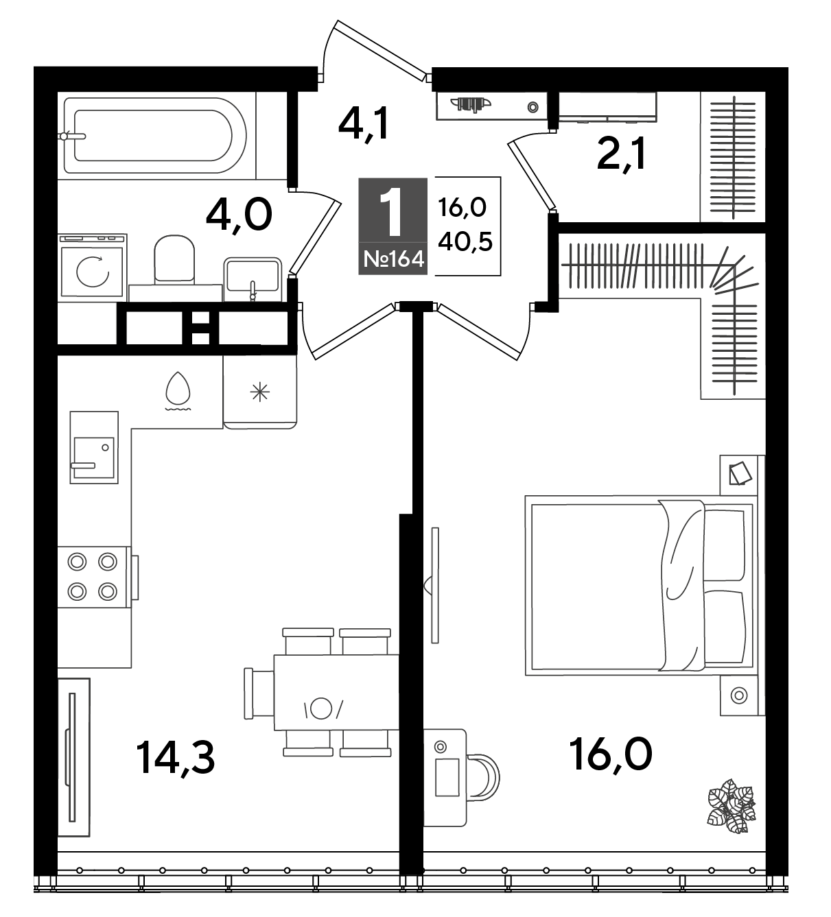 1-комнатная квартира, 40.5 м² — планировка застройщика