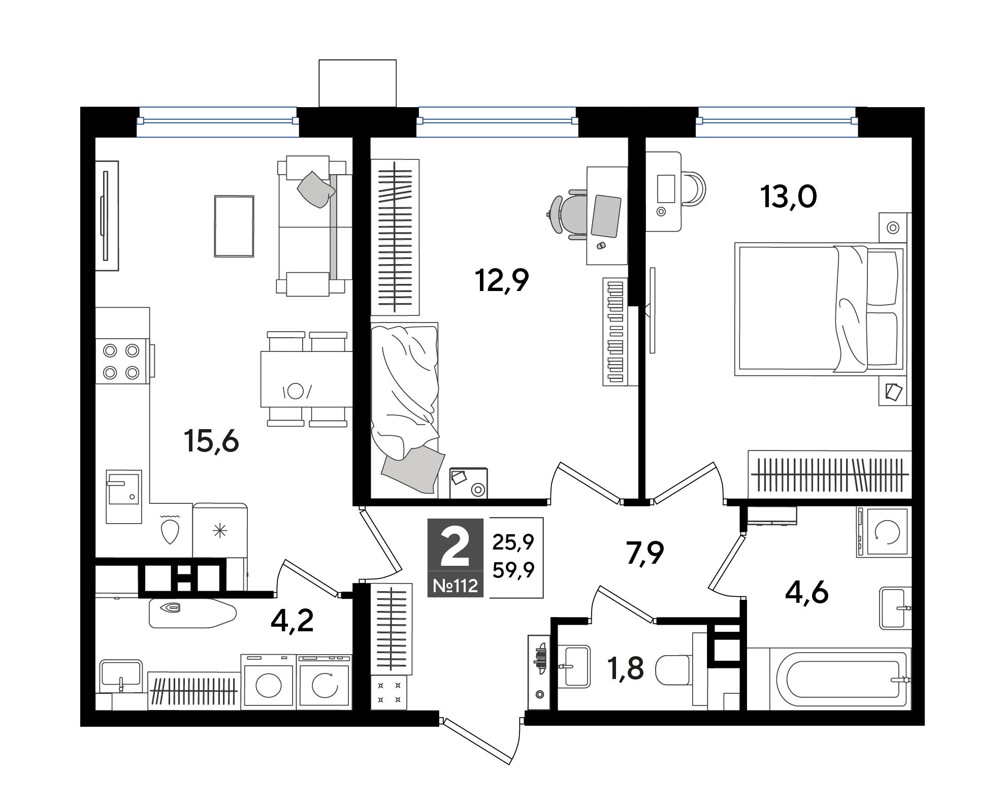 2-комнатная квартира, 59.9 м² — планировка застройщика