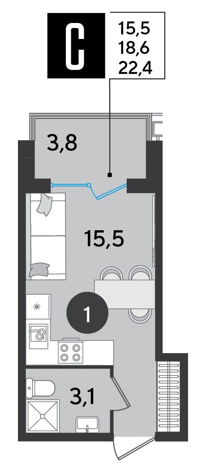 Студия квартира, 22.4 м² — планировка застройщика