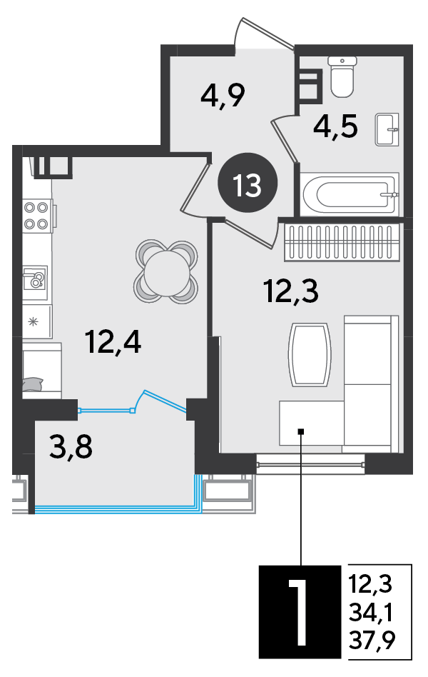 1-комнатная квартира, 37.9 м² — планировка застройщика