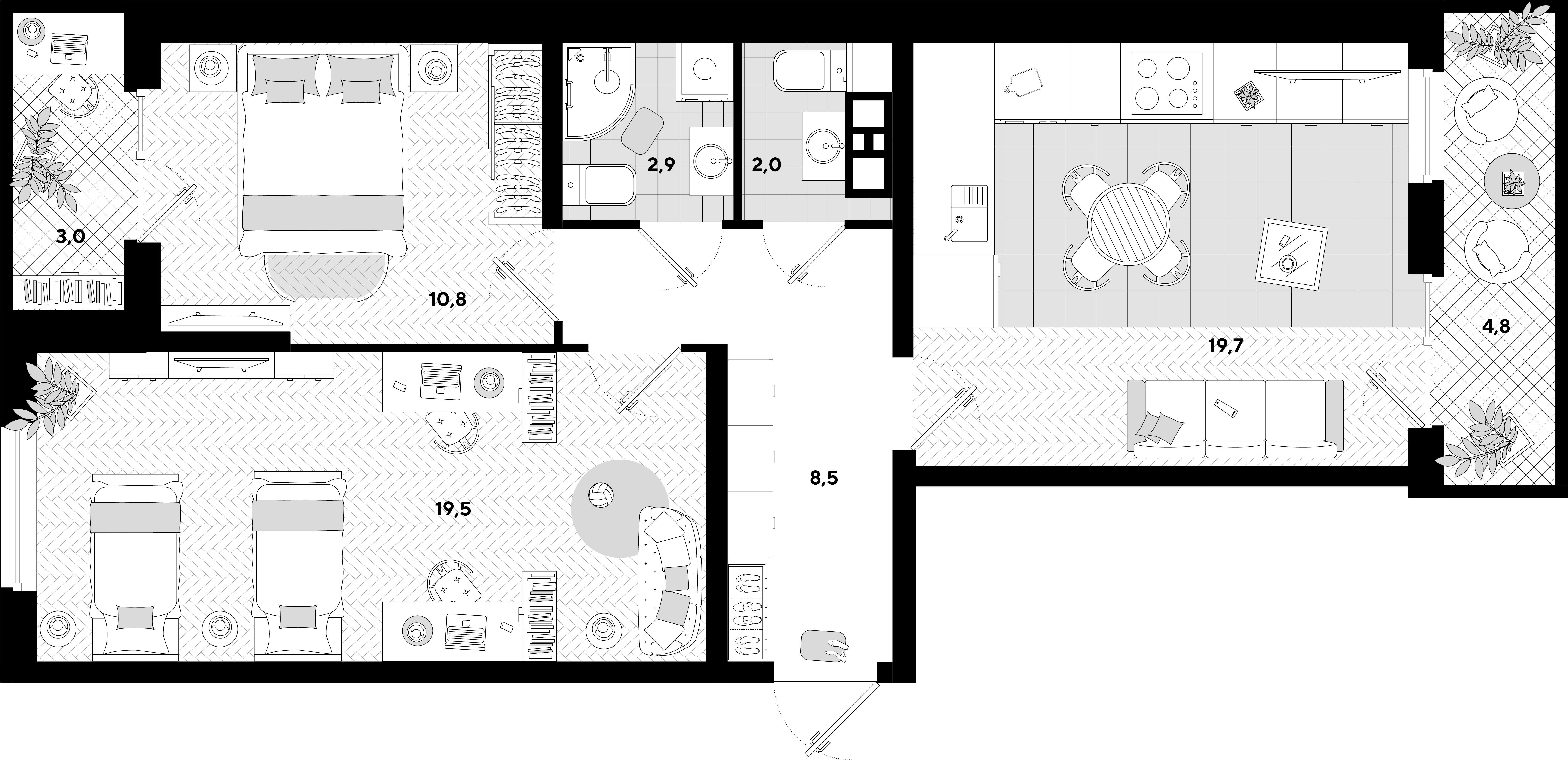 2-комнатная квартира, 67.3 м² — планировка застройщика