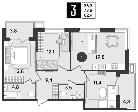 3-комнатная квартира, 82.4 м² — планировка застройщика